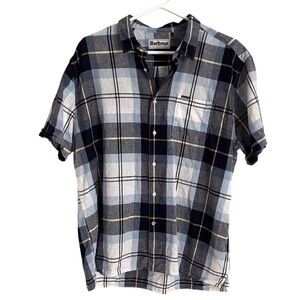Barbour Men’s Short Sleeve Shirt Linen BlendButton Up Blue Plaid Preppy Medium